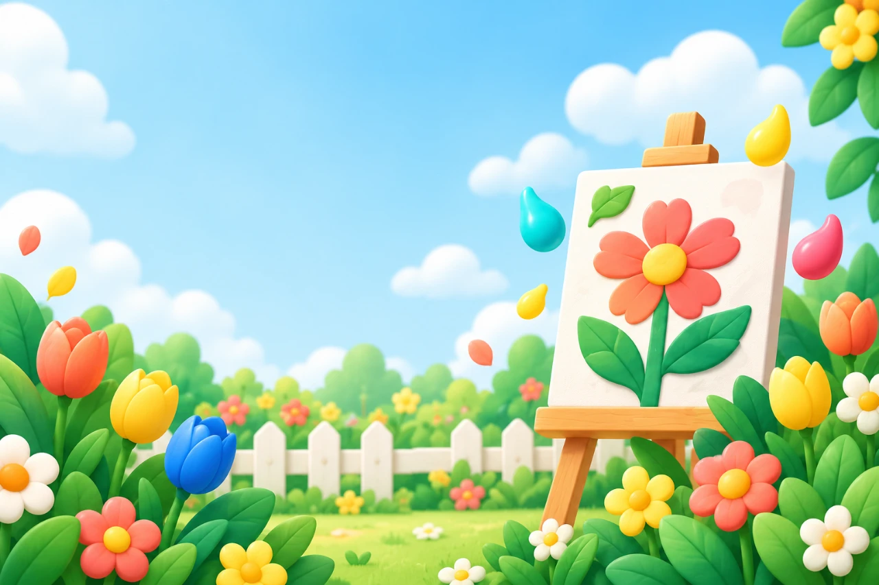 明るい花畑に置かれた絵のイーゼル